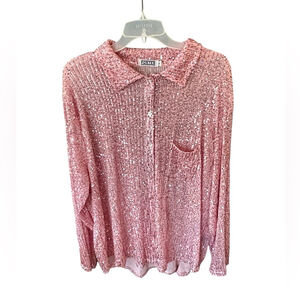 Porter Collective Pink Sequin Sparkly Party Button Down Long Sleeve size L NEW